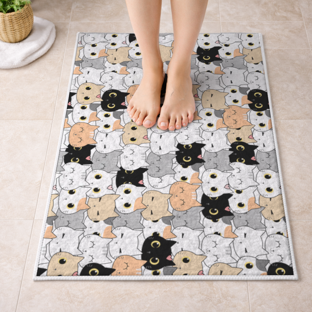Colorful Cute Cat Faces Seamless Pattern Bath Mat