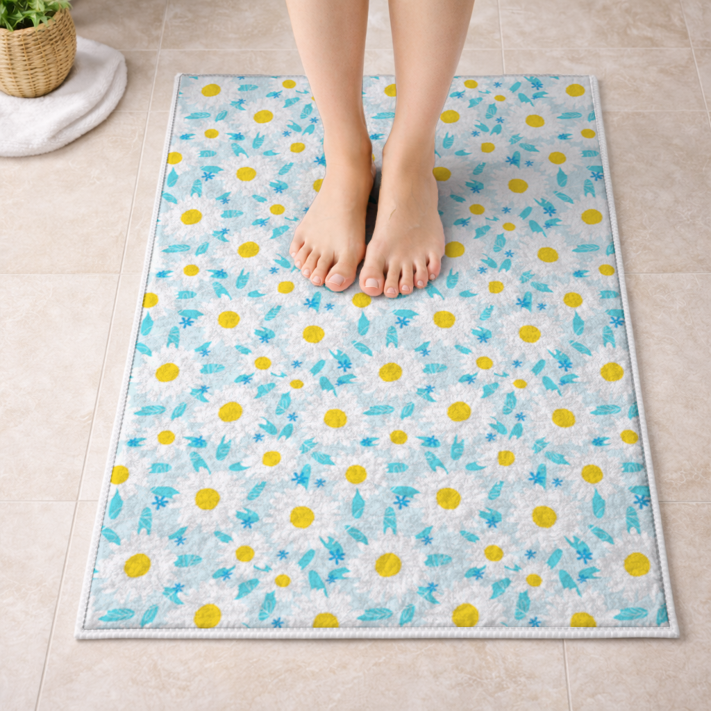 Daisy Garden and Turquoise Leaves Pattern Bath Mat