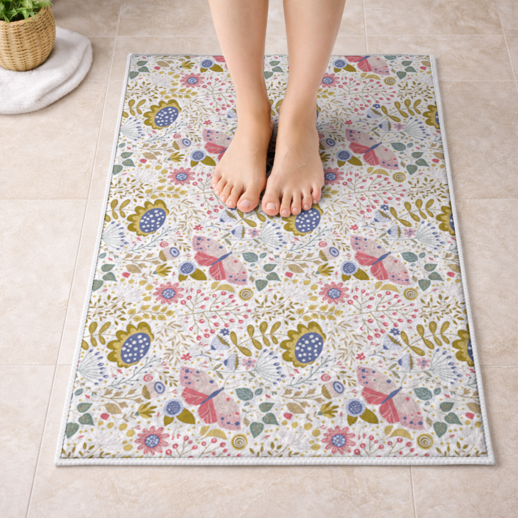 Folk Art Floral and Butterfly Pattern Bath Mat