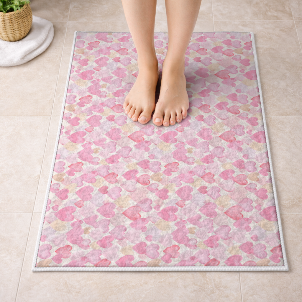 Watercolor Pink Hearts Bath Mat