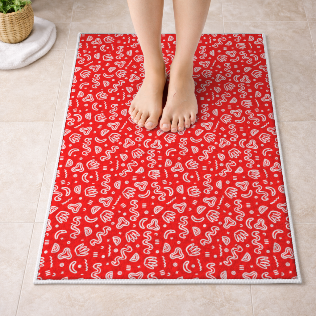 Red Abstract Doodle Bath Mat