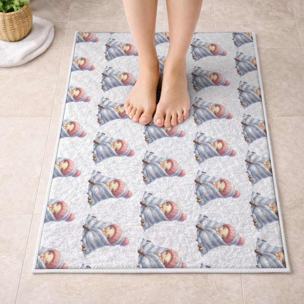 Kawaii Baby Bee in Pink Beanie Bath Mat