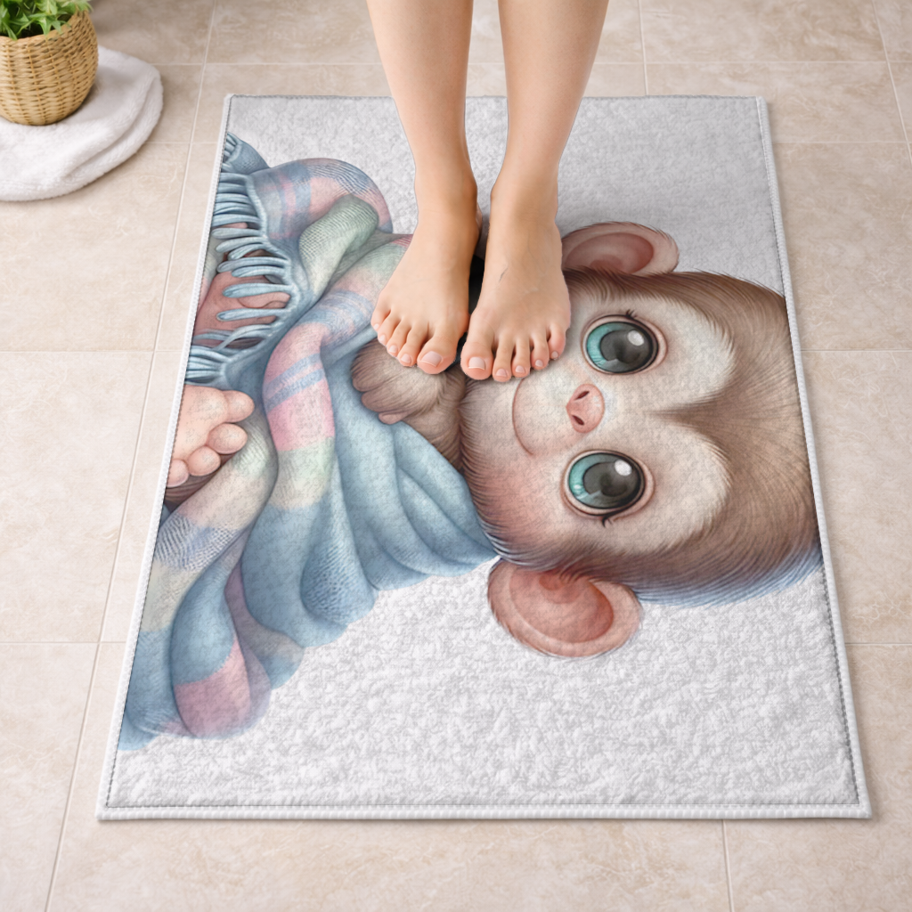 Cute Baby Monkey Wrapped in Blanket Bath Mat