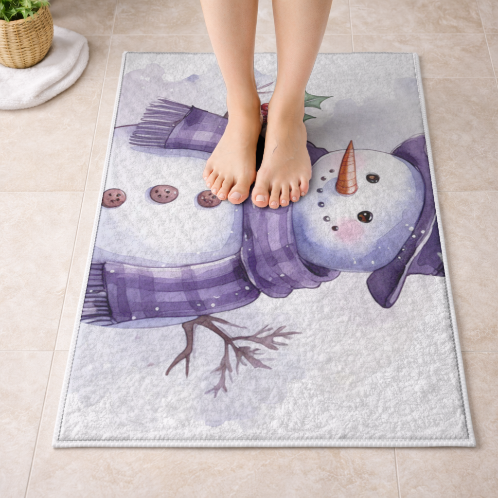 Whimsical Purple Snowman Bath Mat