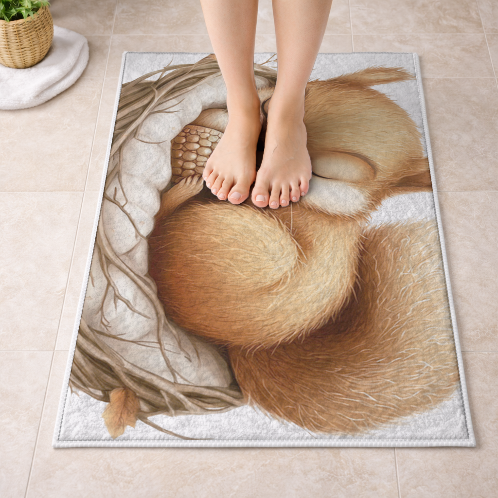 Sleeping Baby Squirrel in Nest Bath Mat