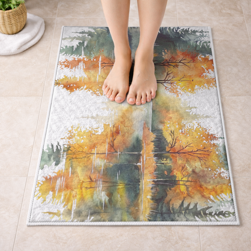 Autumn Forest Lake Reflection Bath Mat