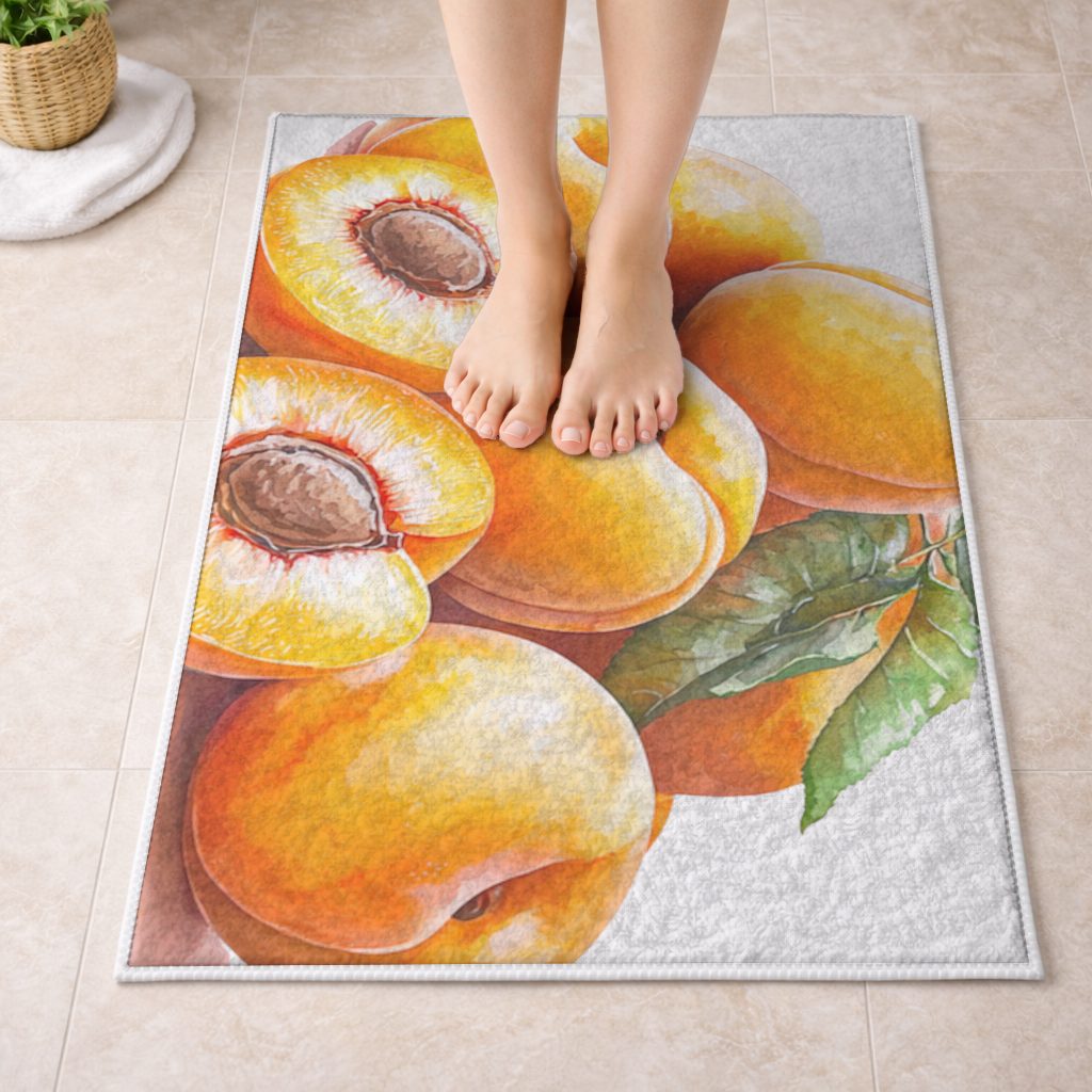Watercolor Apricot and Leaves Bath Mat