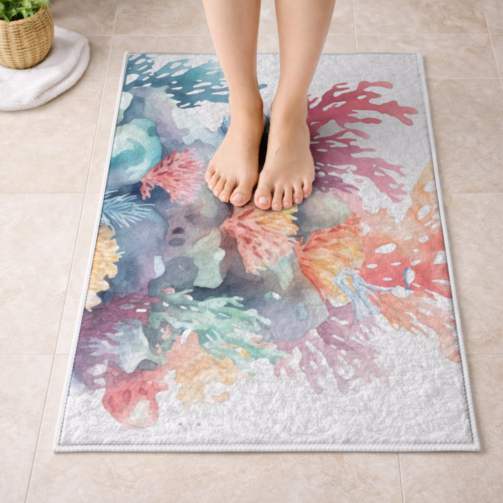 Vibrant Watercolor Coral Reef Scene Bath Mat