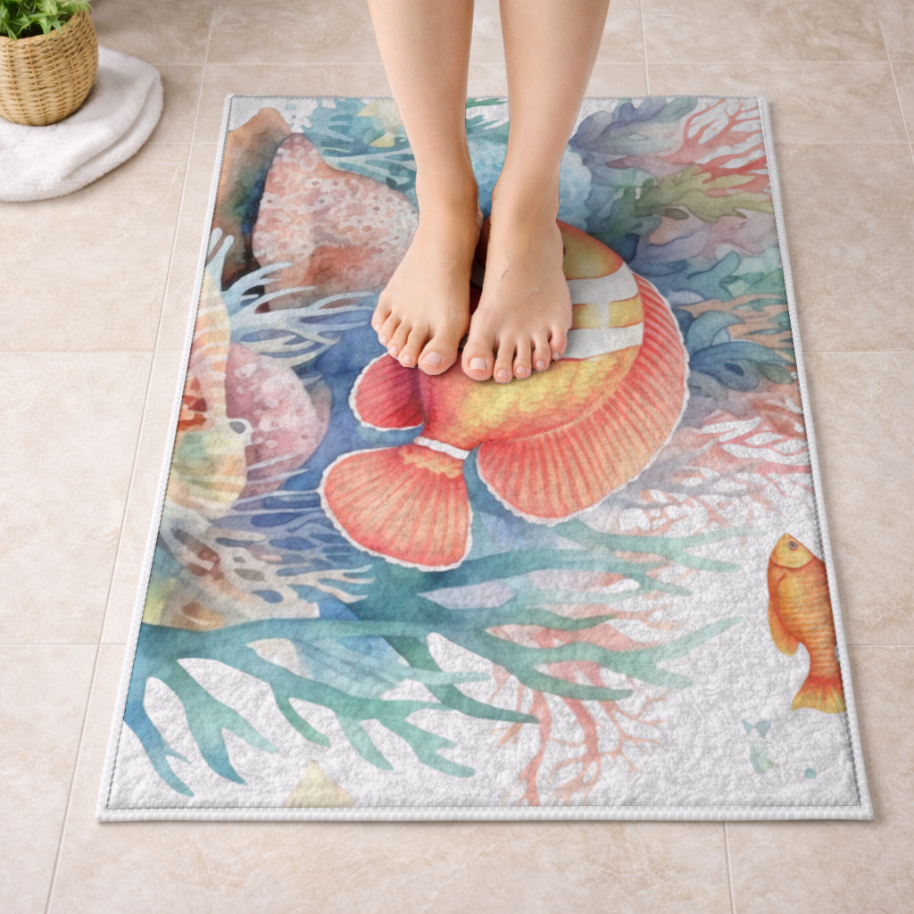Watercolor Clownfish and Tropical Coral Reef Bath Mat