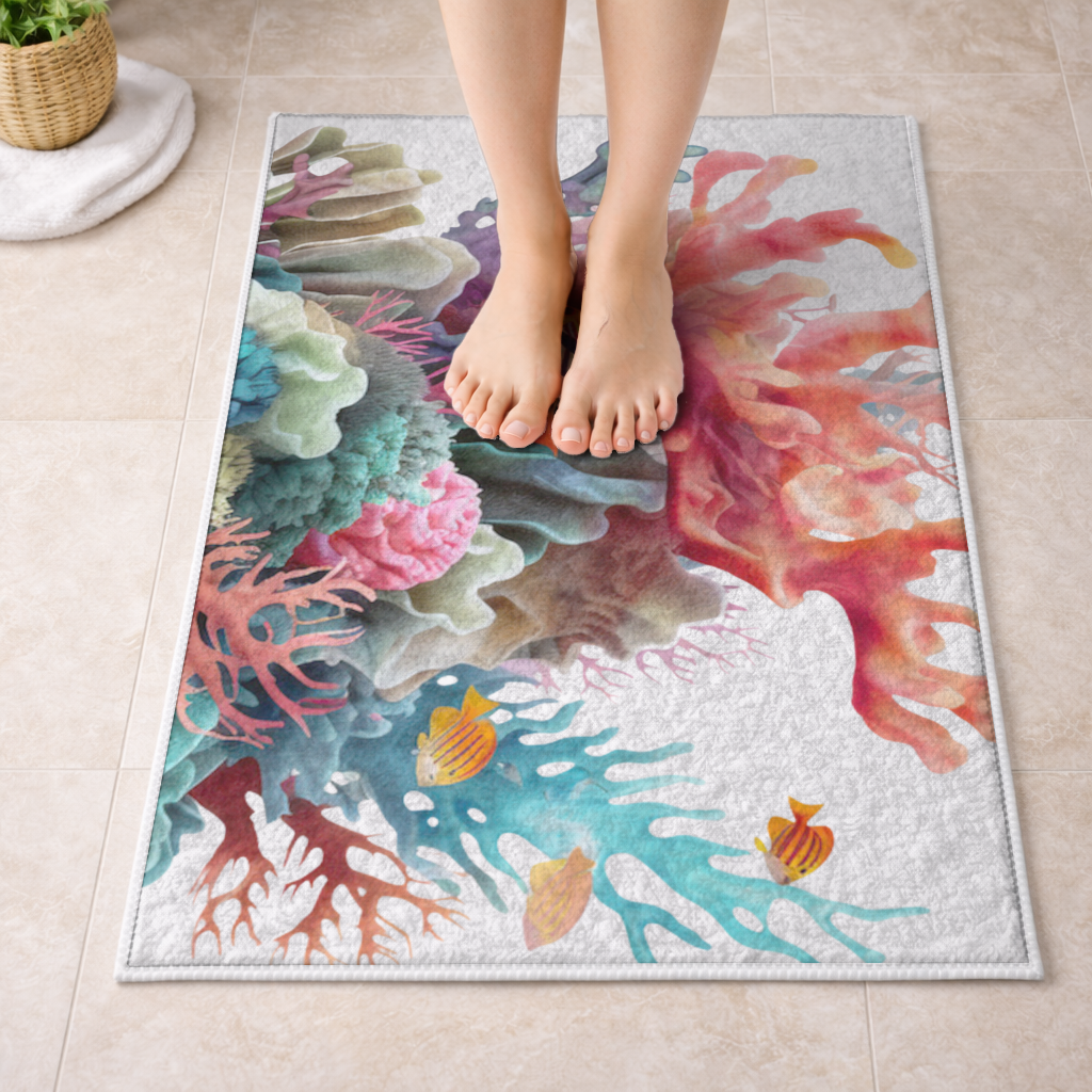 Vibrant Coral Reef and Tropical Fish Bath Mat