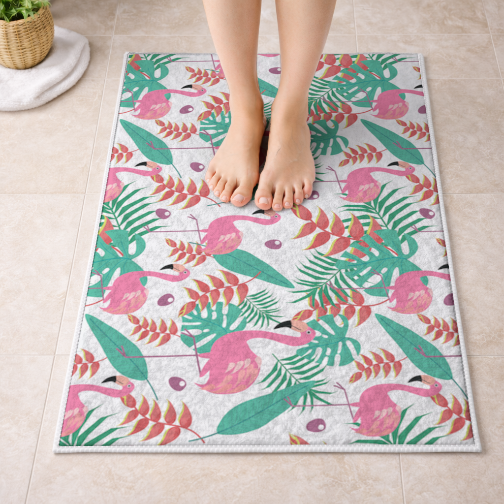 Pembe Flamingo Tropikal Yapraklar Banyo Halısı