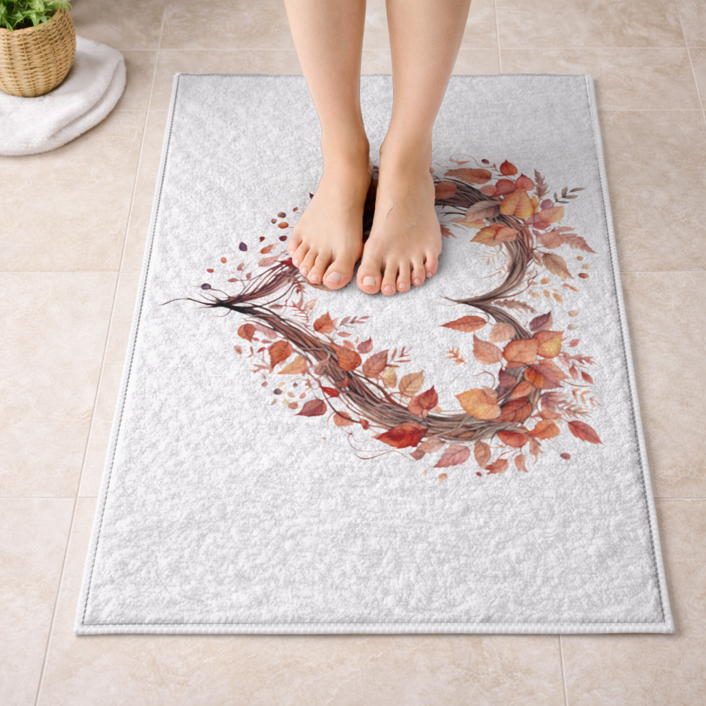 Sonbahar Yapraklarından Kalp Çelenk Banyo Halısı