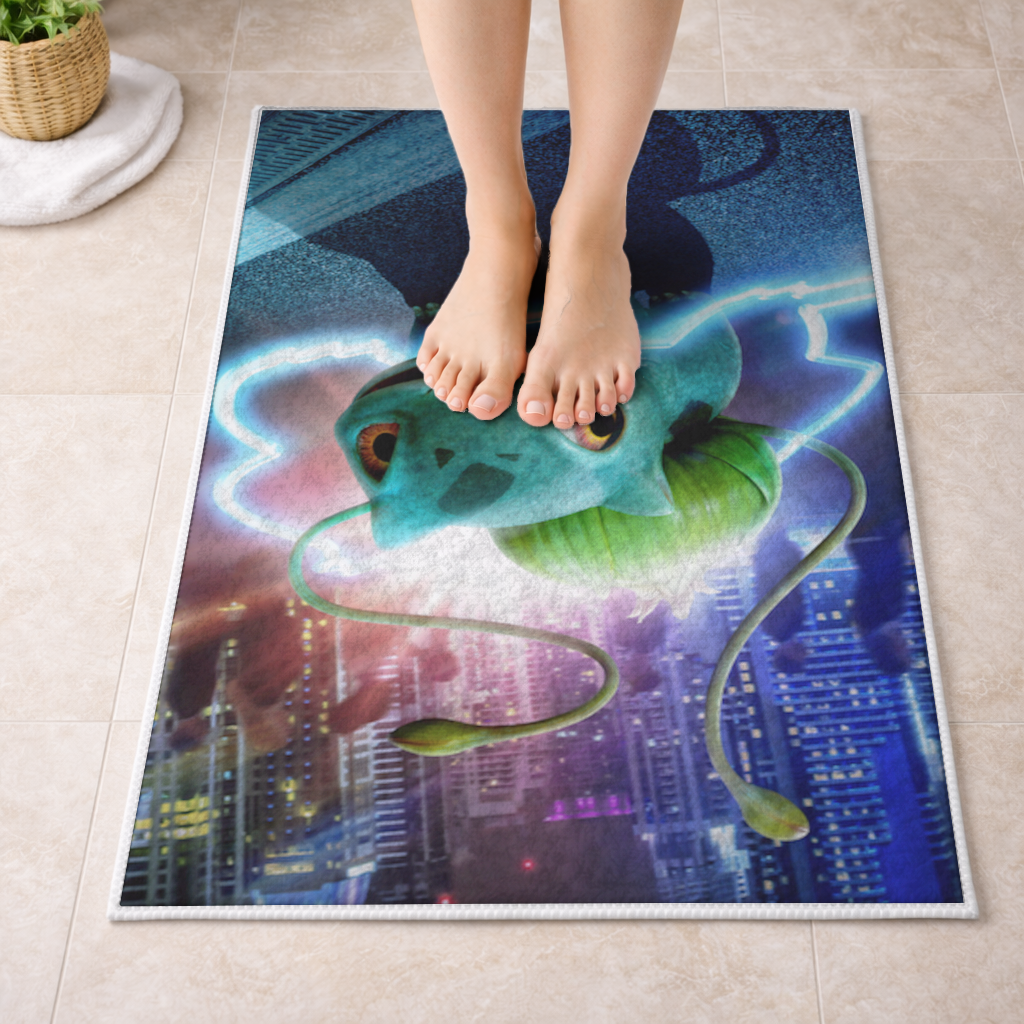 Glowing Neon Creature in Night City Bath Mat