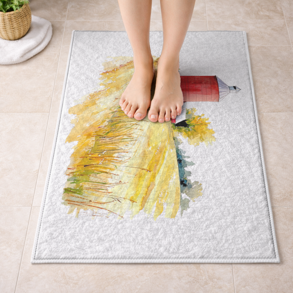 Kırmızı Silo ve Altın Buğday Tarlası Banyo Halısı