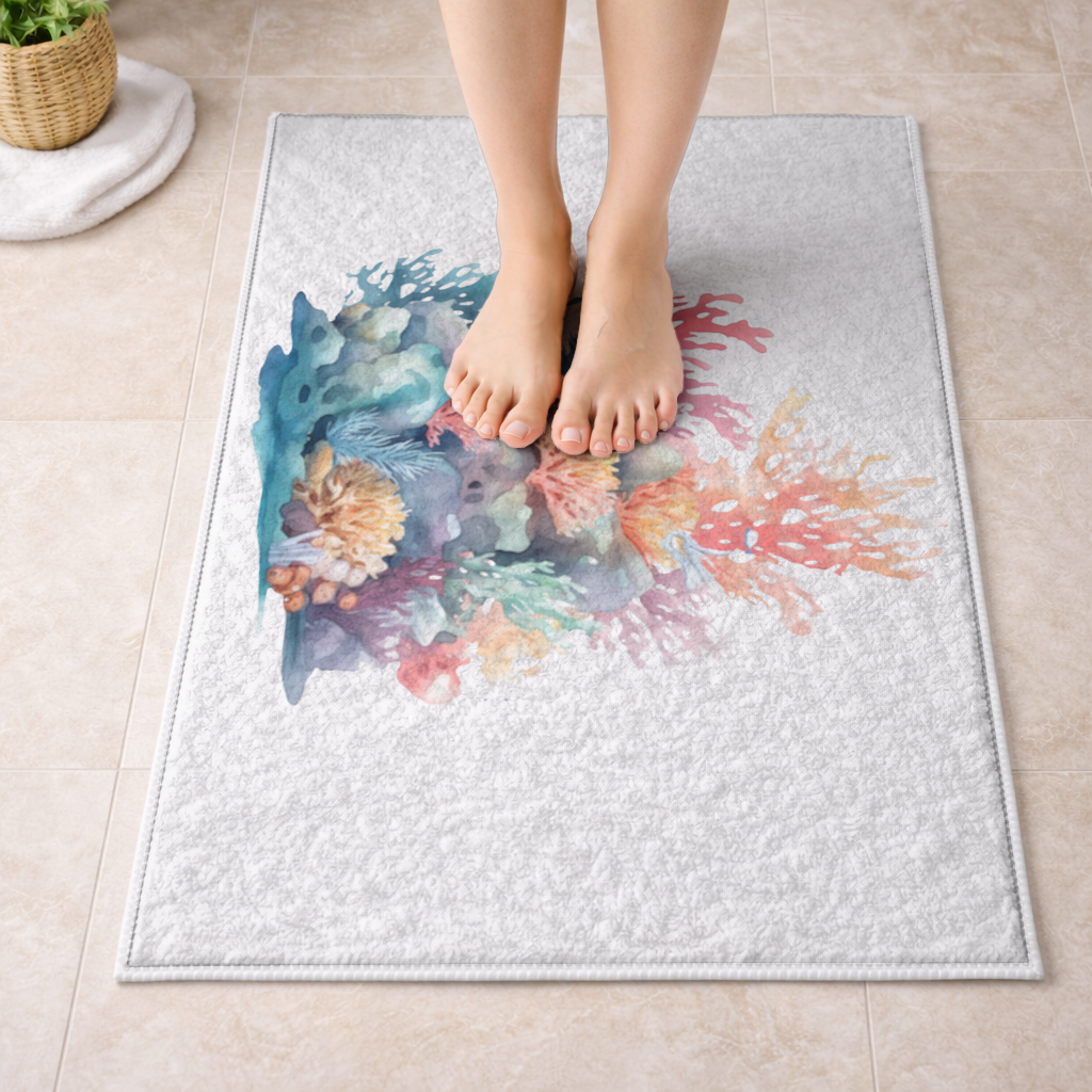 Vibrant Watercolor Coral Reef Scene Bath Mat