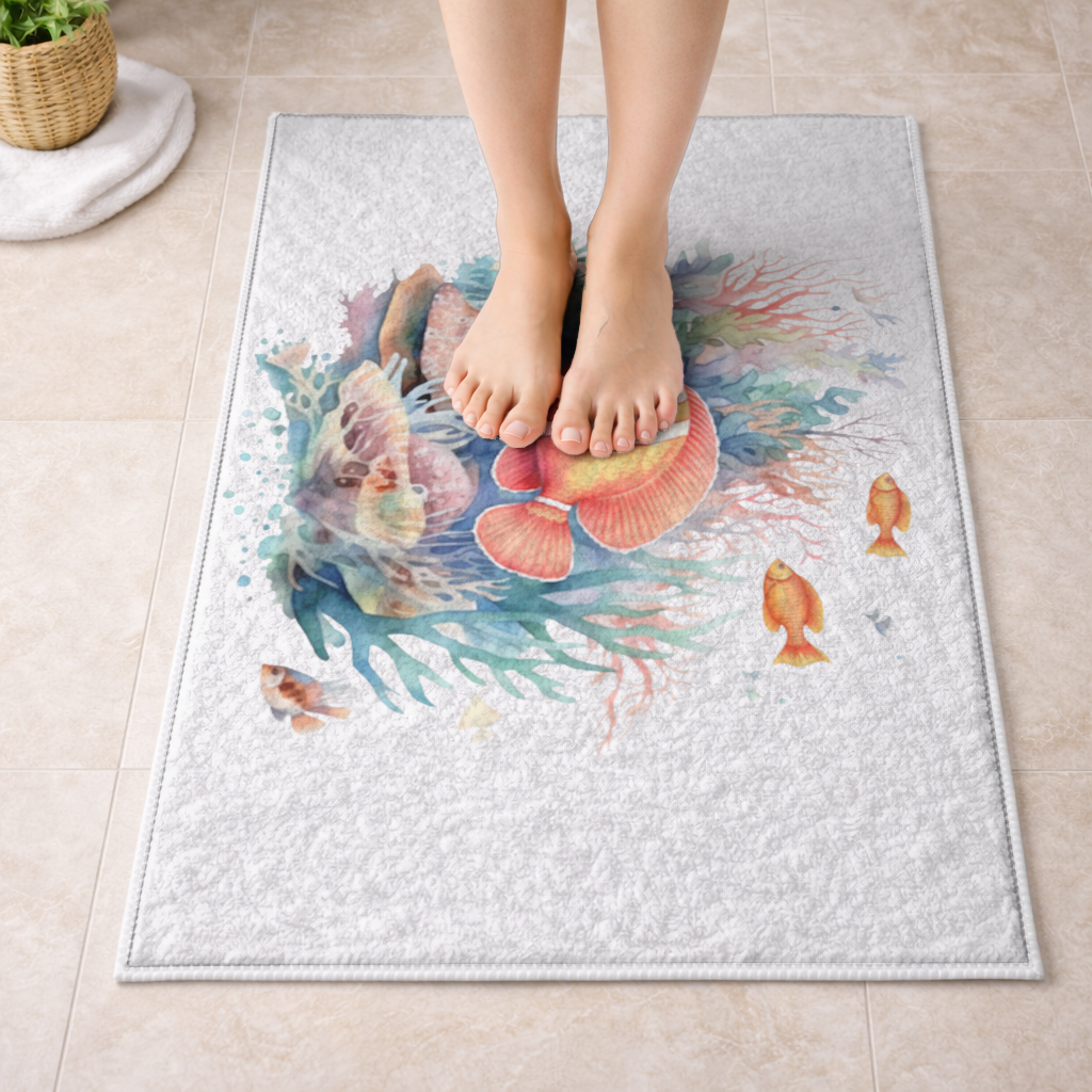 Renkli Mercan Resifi ve Turuncu Balıklar Banyo Halısı