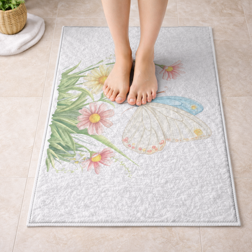 Whimsical Pastel Butterfly and Wildflowers Bath Mat