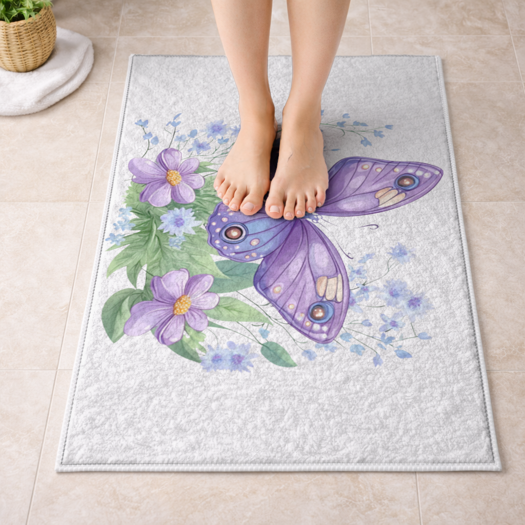 Mor Kelebek ve Mavi Kır Çiçekleri Banyo Halısı