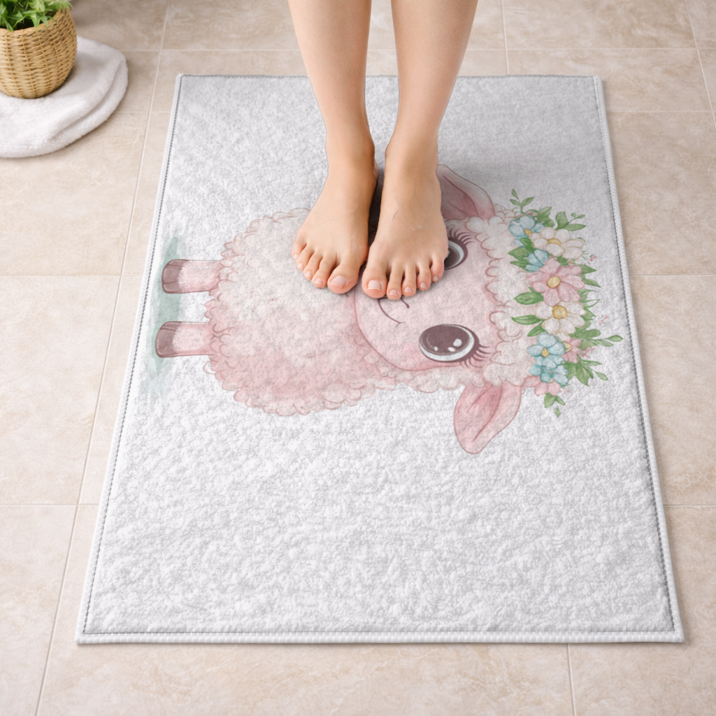 Kawaii Flower Crown Pink Lamb Bath Mat