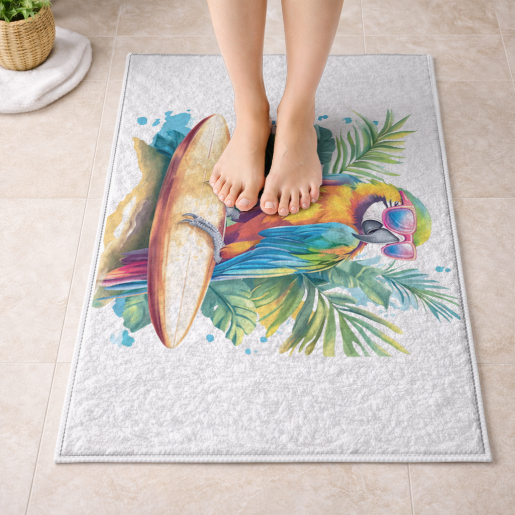 Sörf Yapan Güneş Gözlüklü Papağan Banyo Halısı