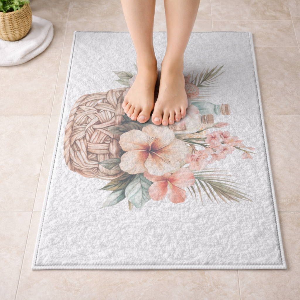 Tropikal Hibiskus Çiçekli Hasır Sepet Banyo Halısı