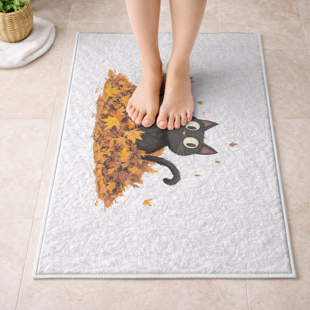 Sonbahar Yapraklarında Sevimli Siyah Kedi Banyo Halısı