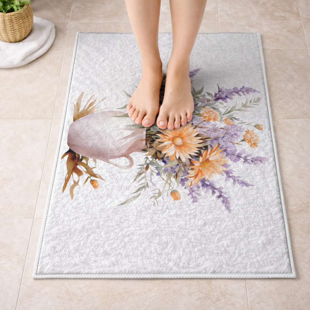 Turuncu Kır Çiçekleri ve Lavanta Banyo Halısı