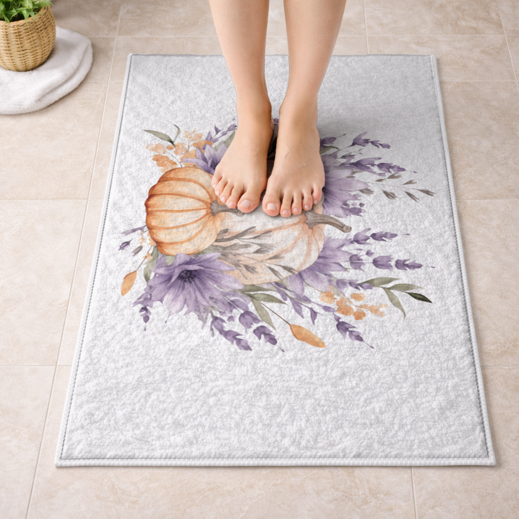 Lavender and Pumpkin Autumn Bouquet Bath Mat