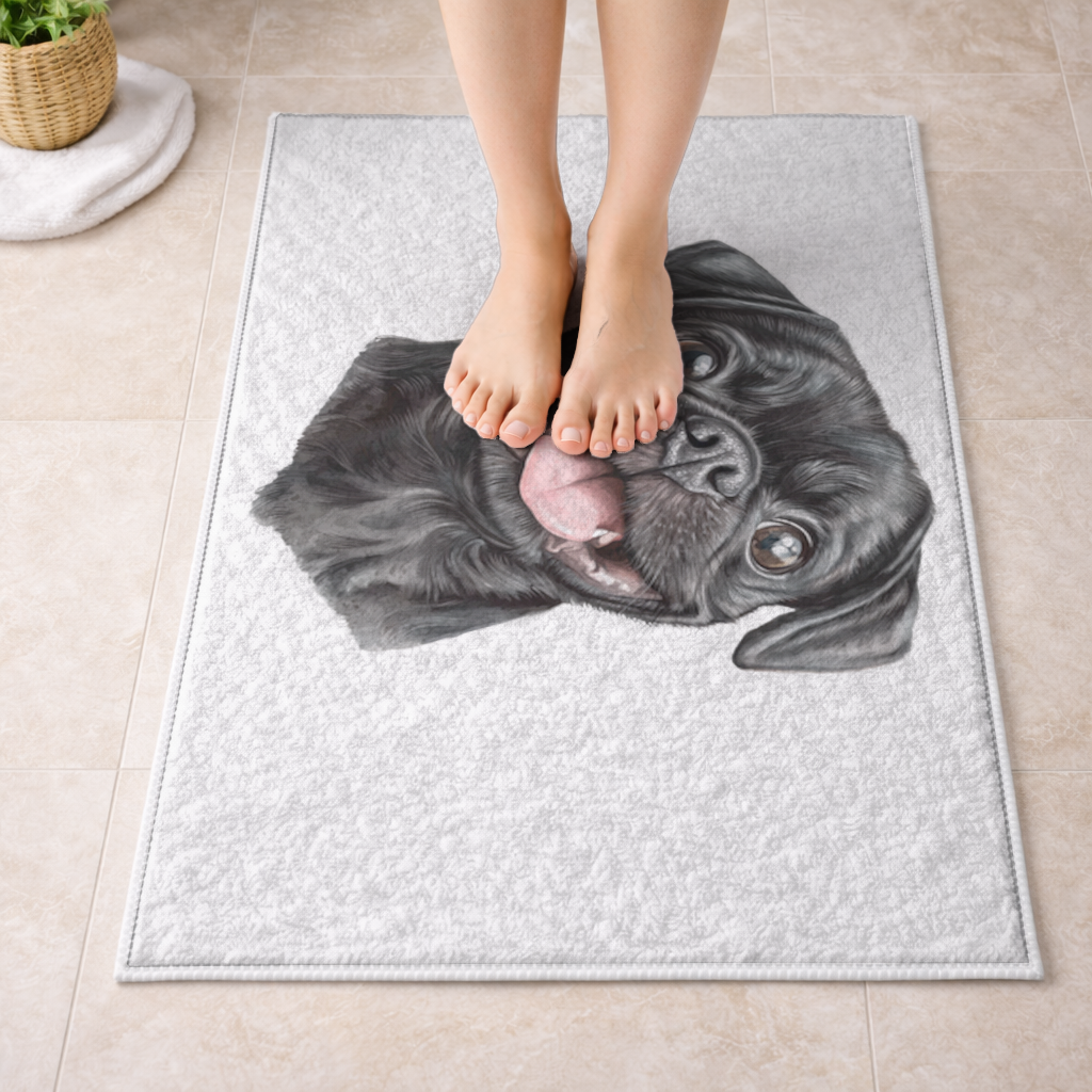 Happy Black Pug Face Bath Mat