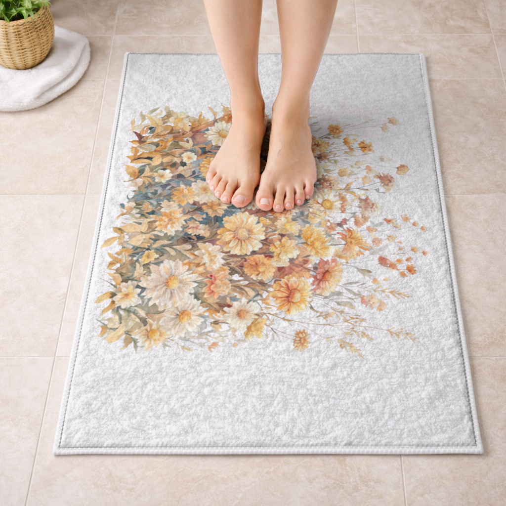 Watercolor Orange Wildflowers Bath Mat
