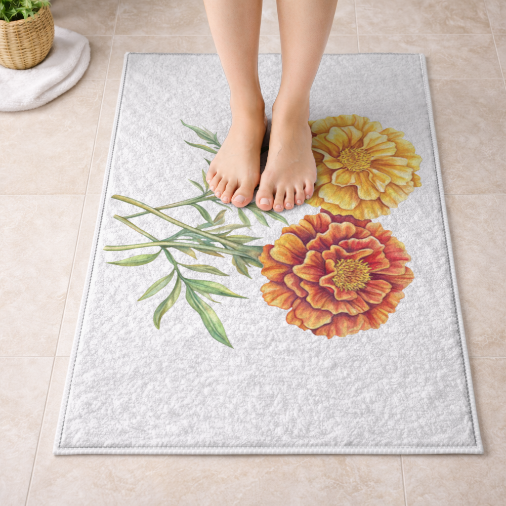 Botanik Sarı Turuncu Kadife Çiçeği Banyo Halısı