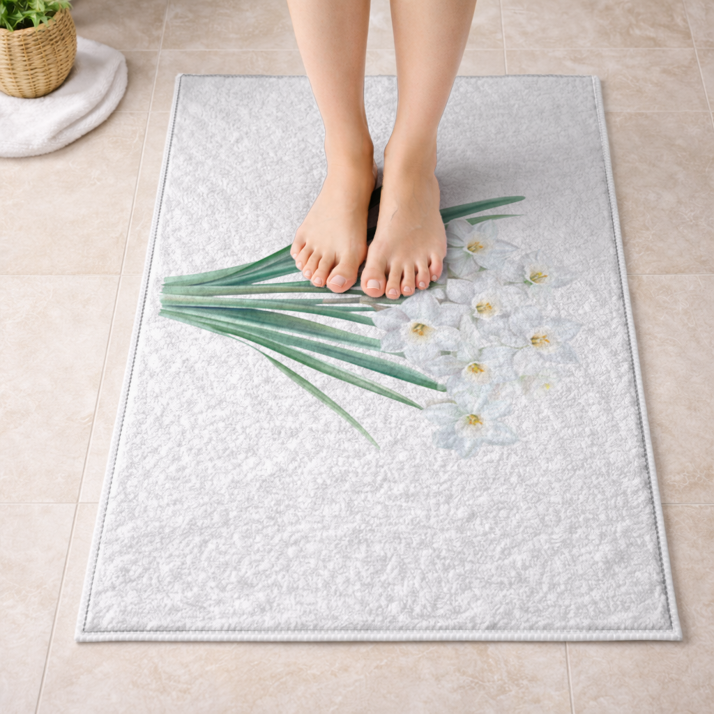 White Daffodil Bouquet Botanical Bath Mat