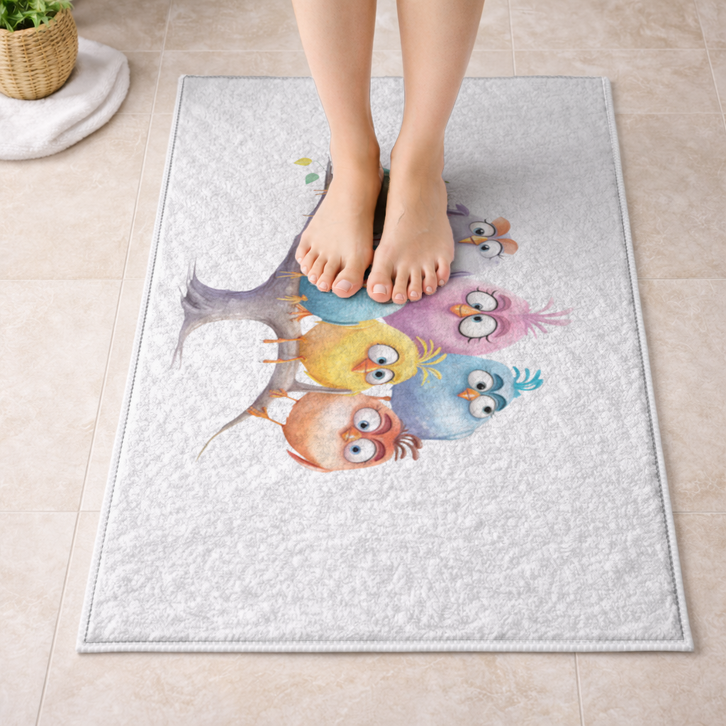 Whimsical Colorful Birds on Branch Bath Mat