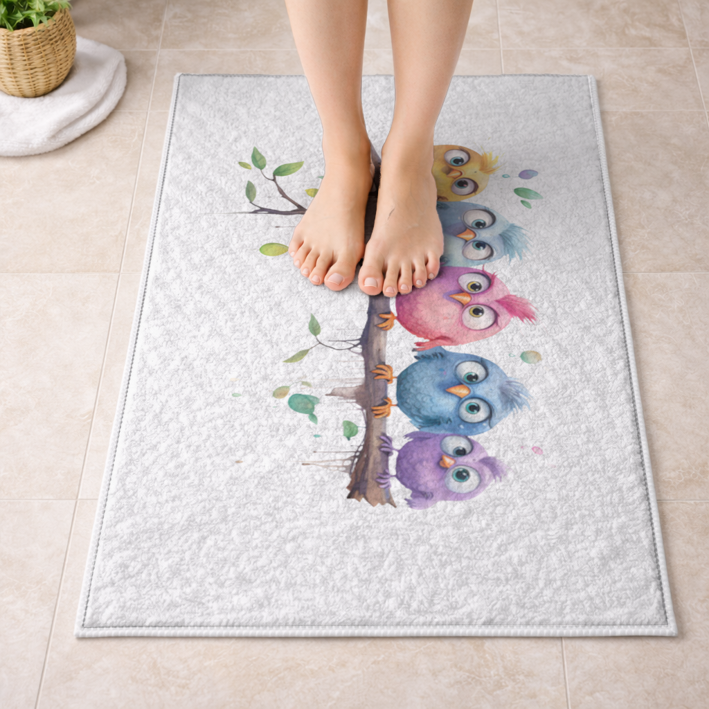 Five Colorful Kawaii Birds on Branch Bath Mat