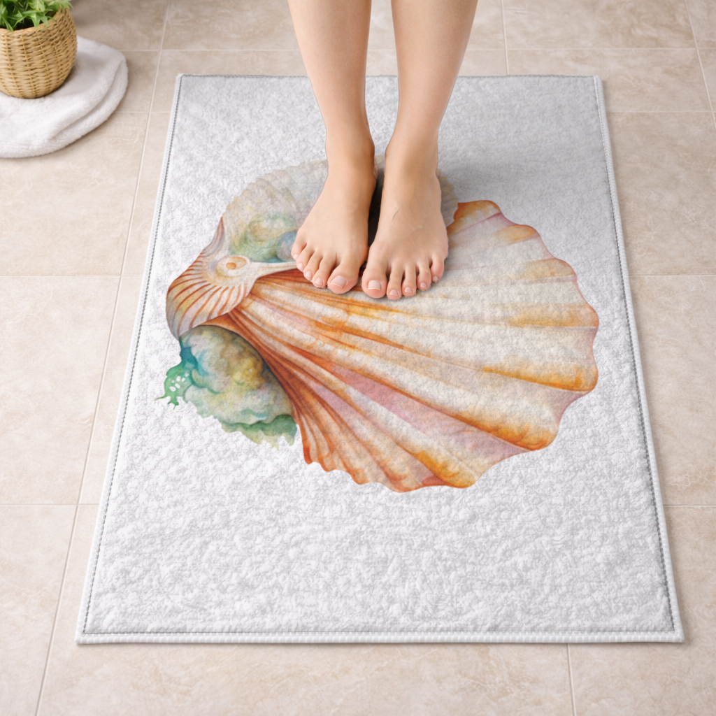Iridescent Pearls in Orange Scallop Seashell Bath Mat