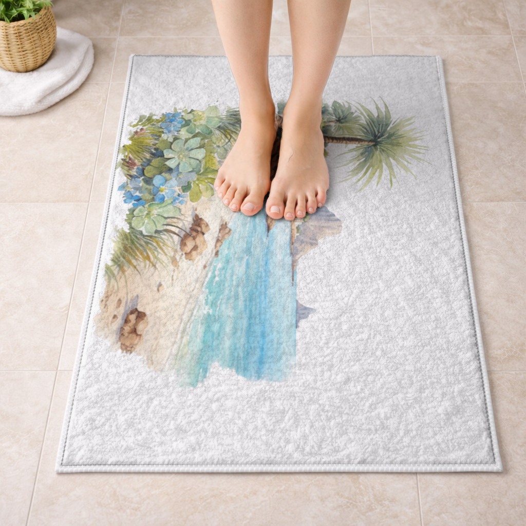 Tropical Palm Tree and Turquoise Sea Bath Mat