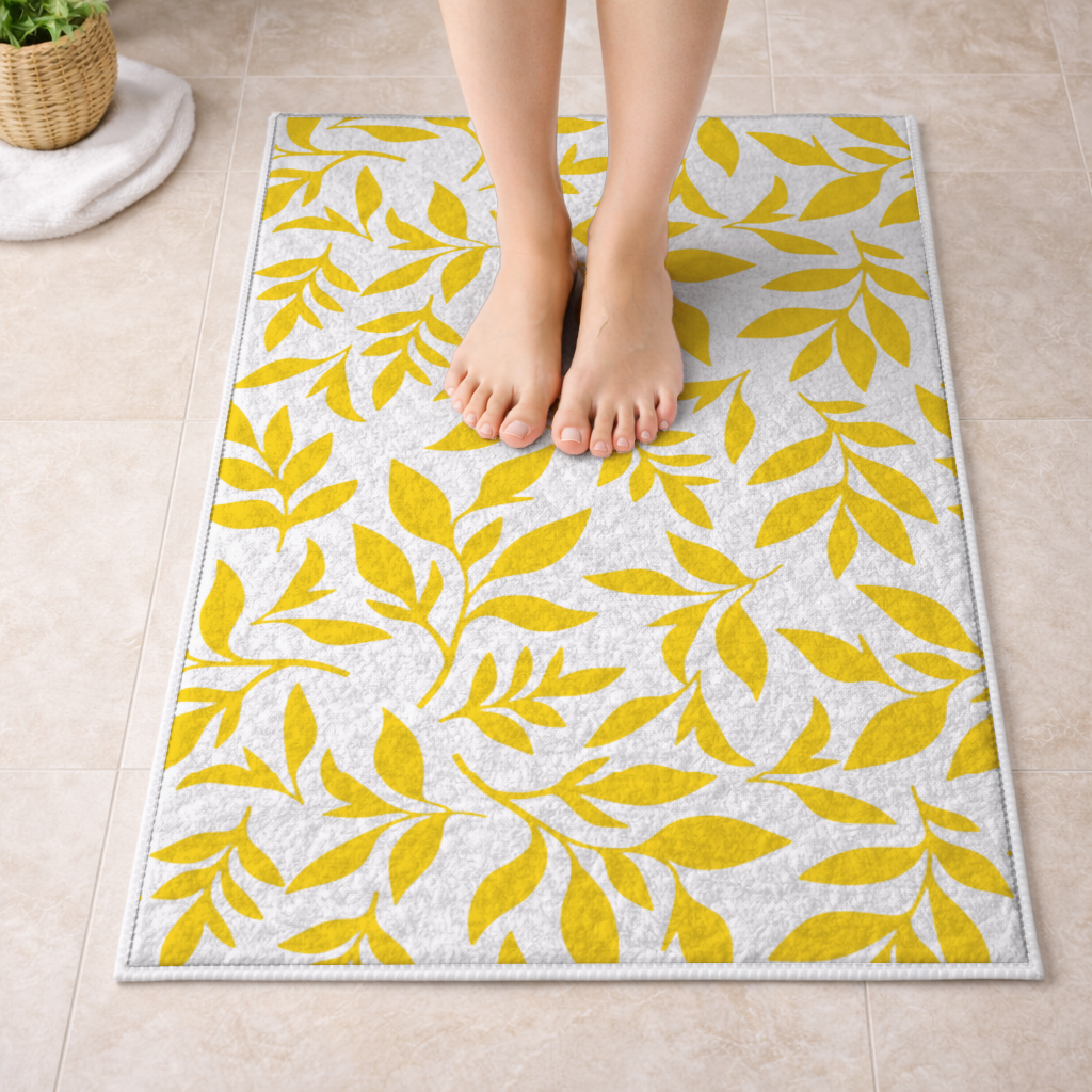 Mustard Yellow Botanical Leaves Bath Mat