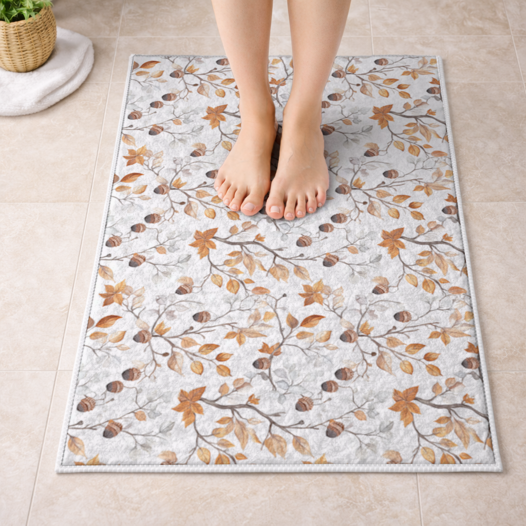 Watercolor Fall Acorns and Leaves Bath Mat