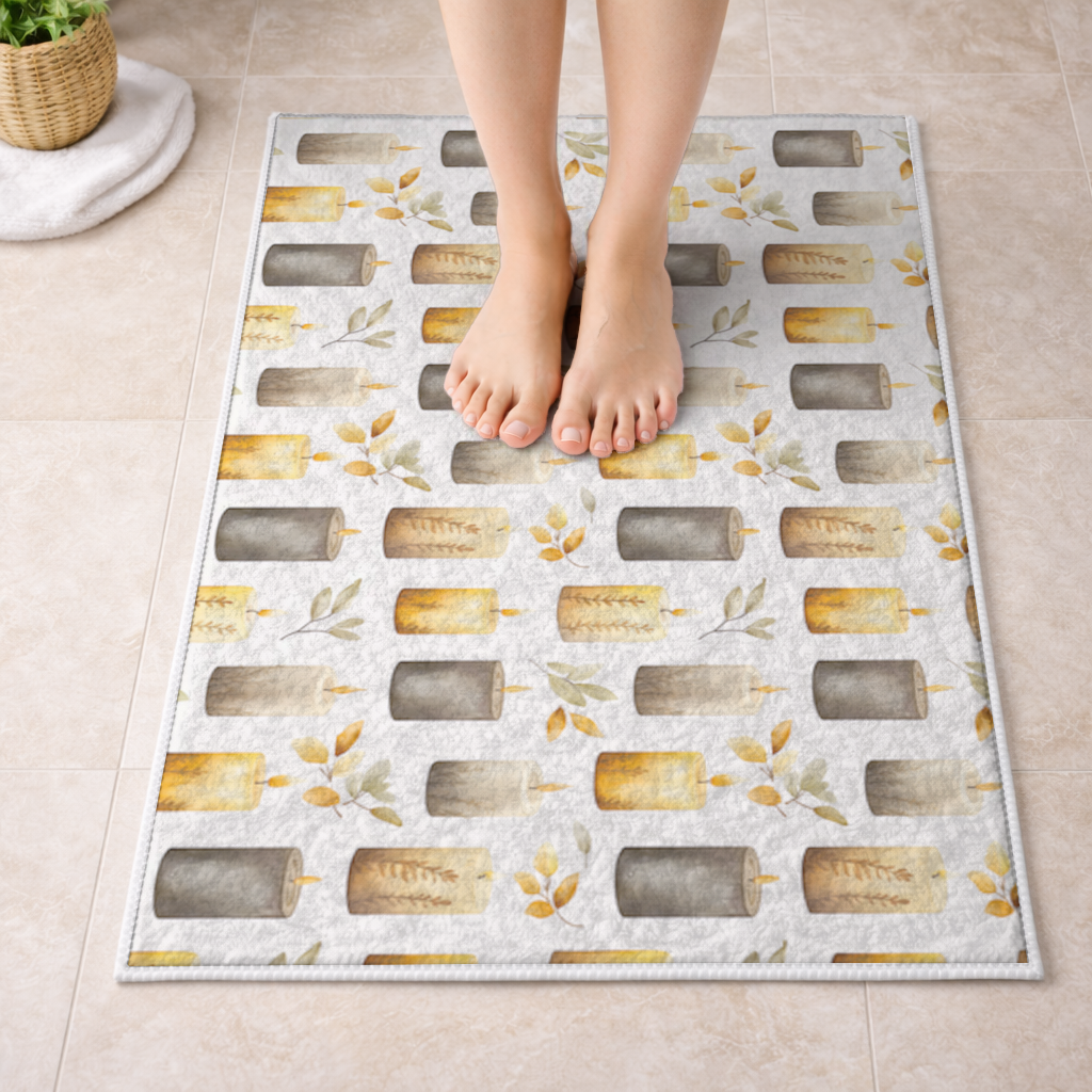 Warm Neutral Autumn Candles and Leaves Bath Mat