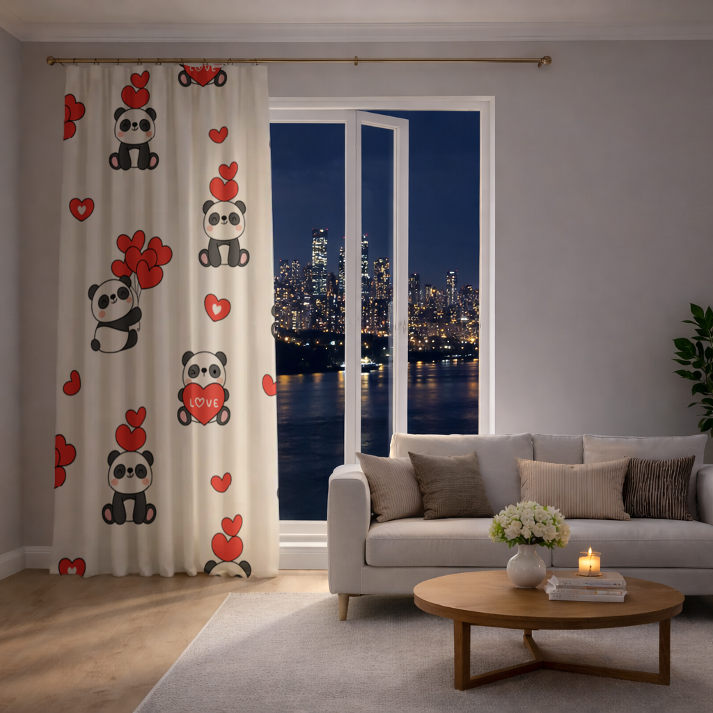 Cute Panda Valentines Day Love Heart Pattern Design Drapes