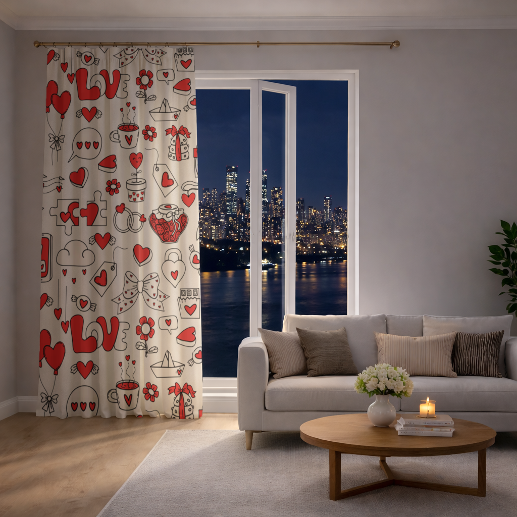Valentines Day Doodle Love Heart Pattern Cute Design Drapes