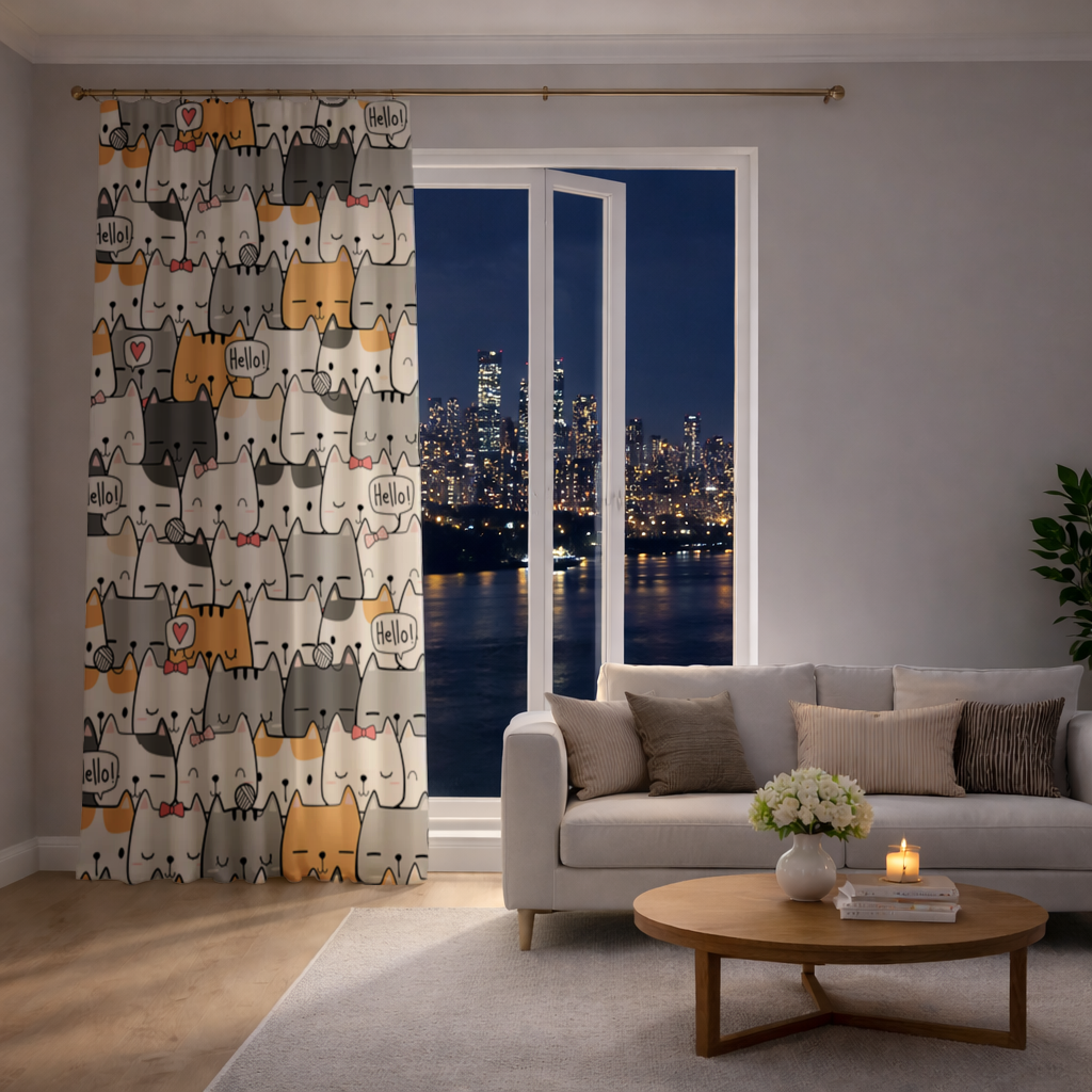 Cute Cartoon Cats Pattern with Speech Bubbles Drapes