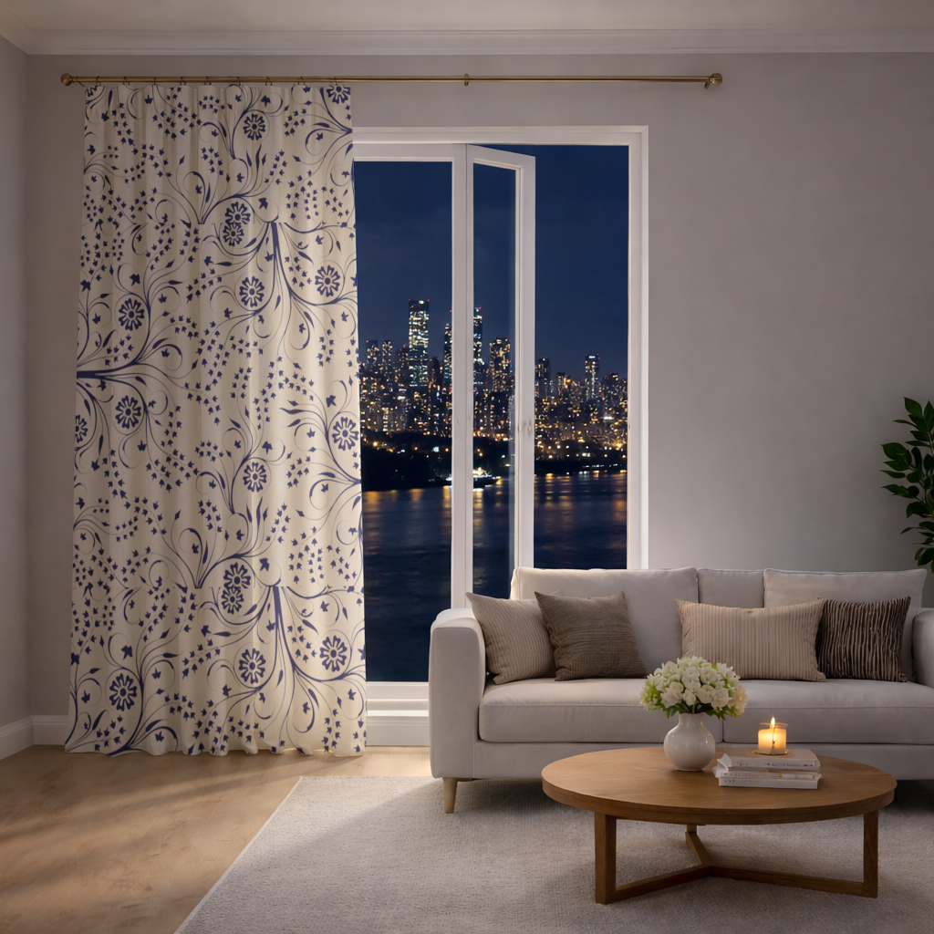 Blue White Vintage Floral Pattern Drapes