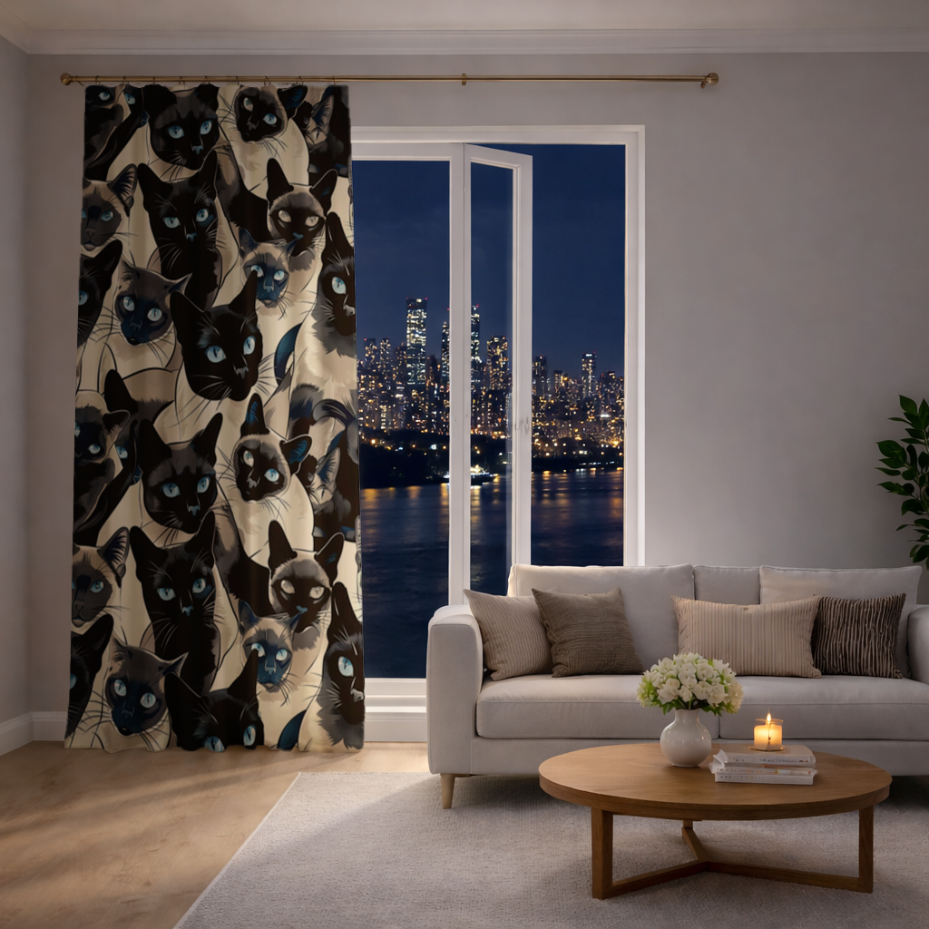 Blue Eyed Siamese Cat Elegant Illustration Pattern Drapes