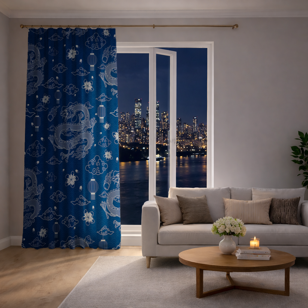 Traditional Dragon Pattern on Blue Background Drapes
