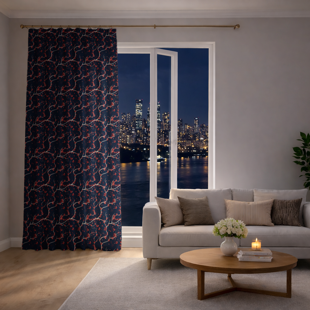 Red Floral Branch Pattern on Navy Background Drapes