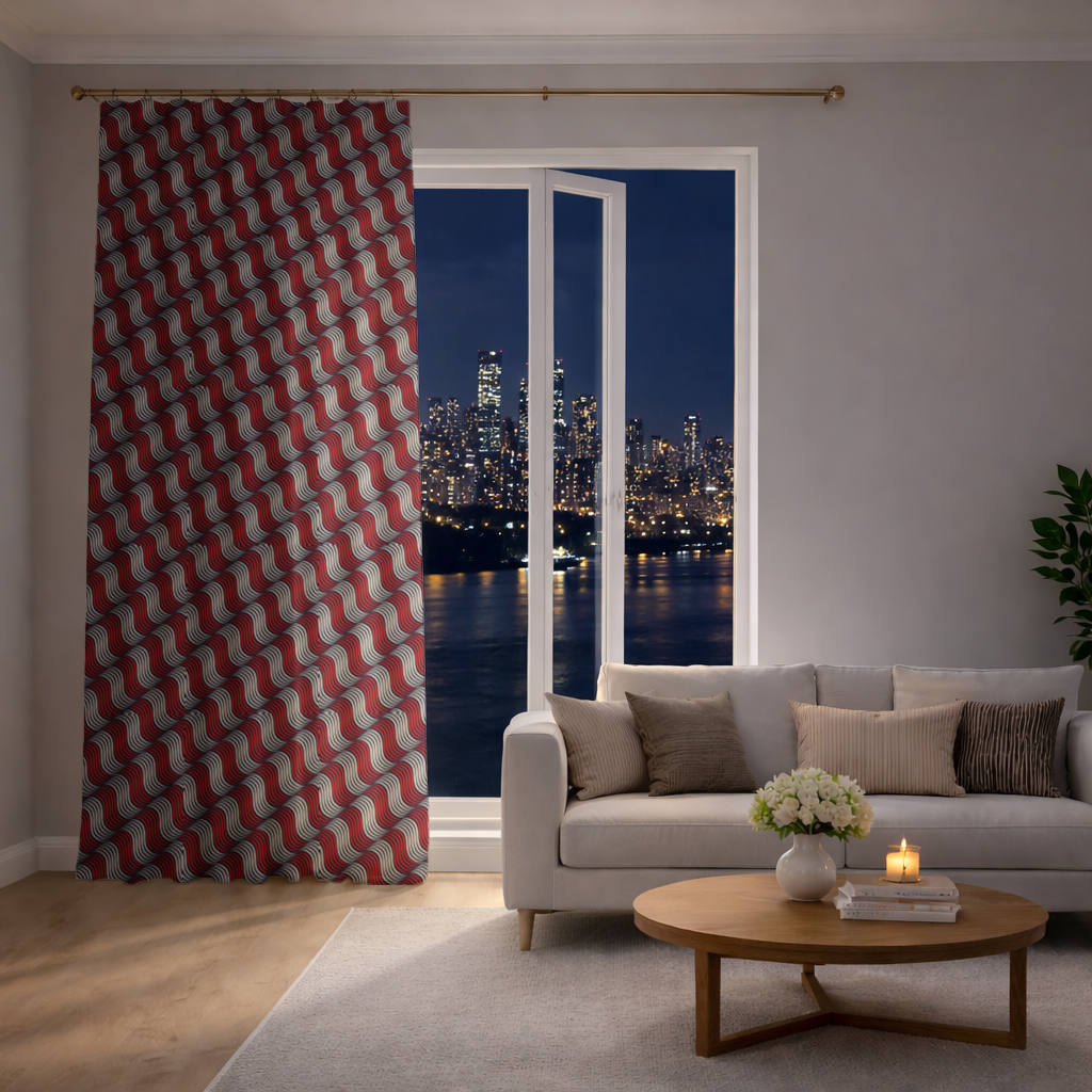 Red and Navy Wavy Line Pattern Drapes