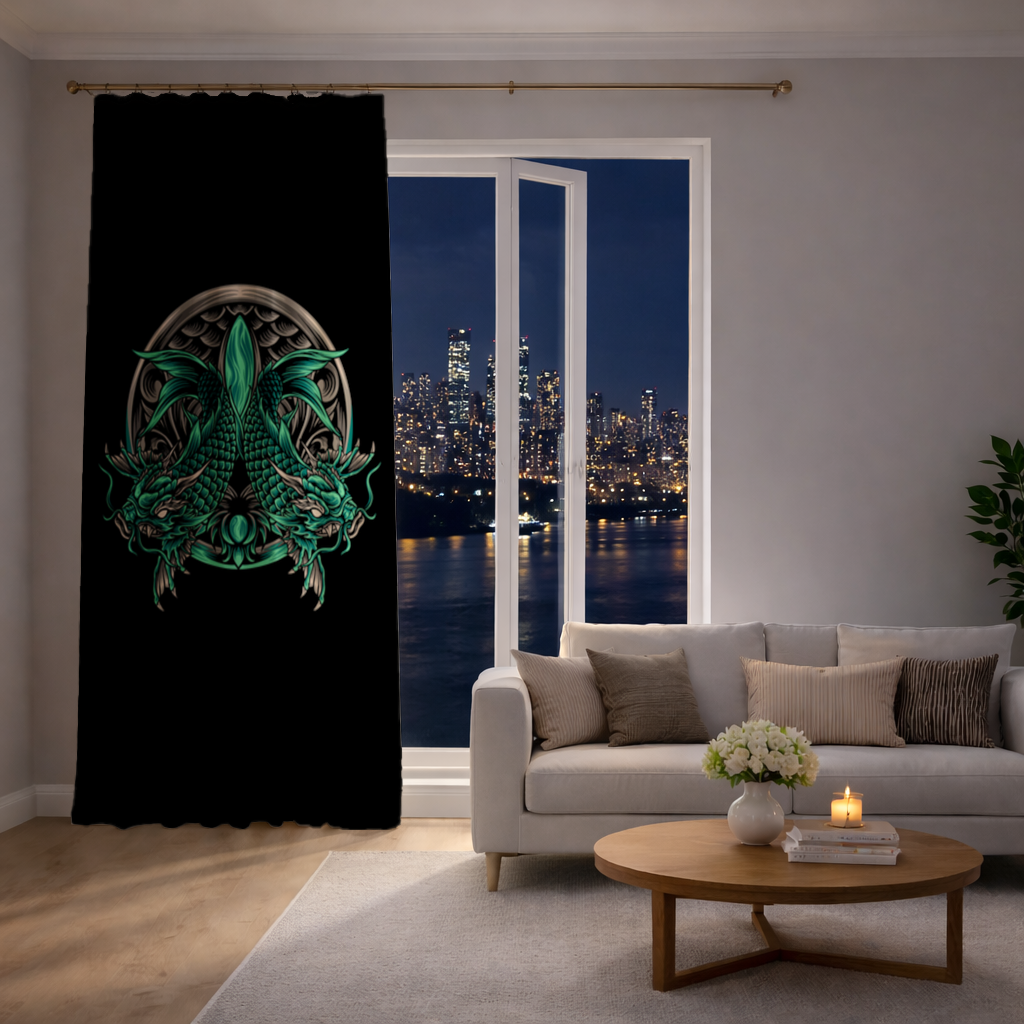 Turquoise Twin Dragon Emblem Design Drapes