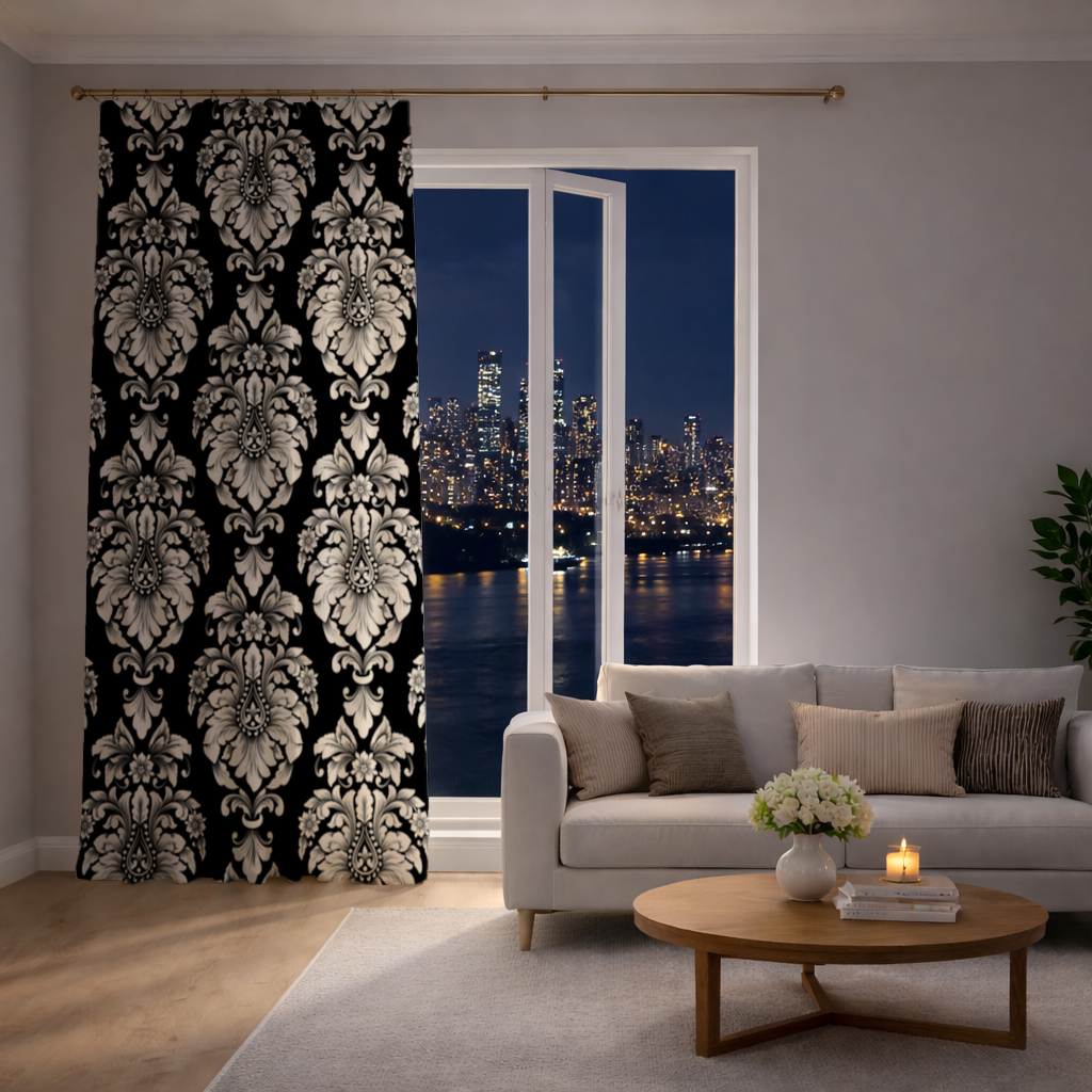 Black and White Baroque Floral Pattern Drapes