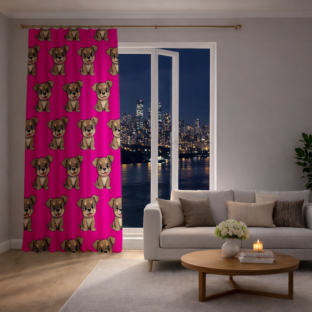 Cute Dog Illustration on Pink Background Drapes